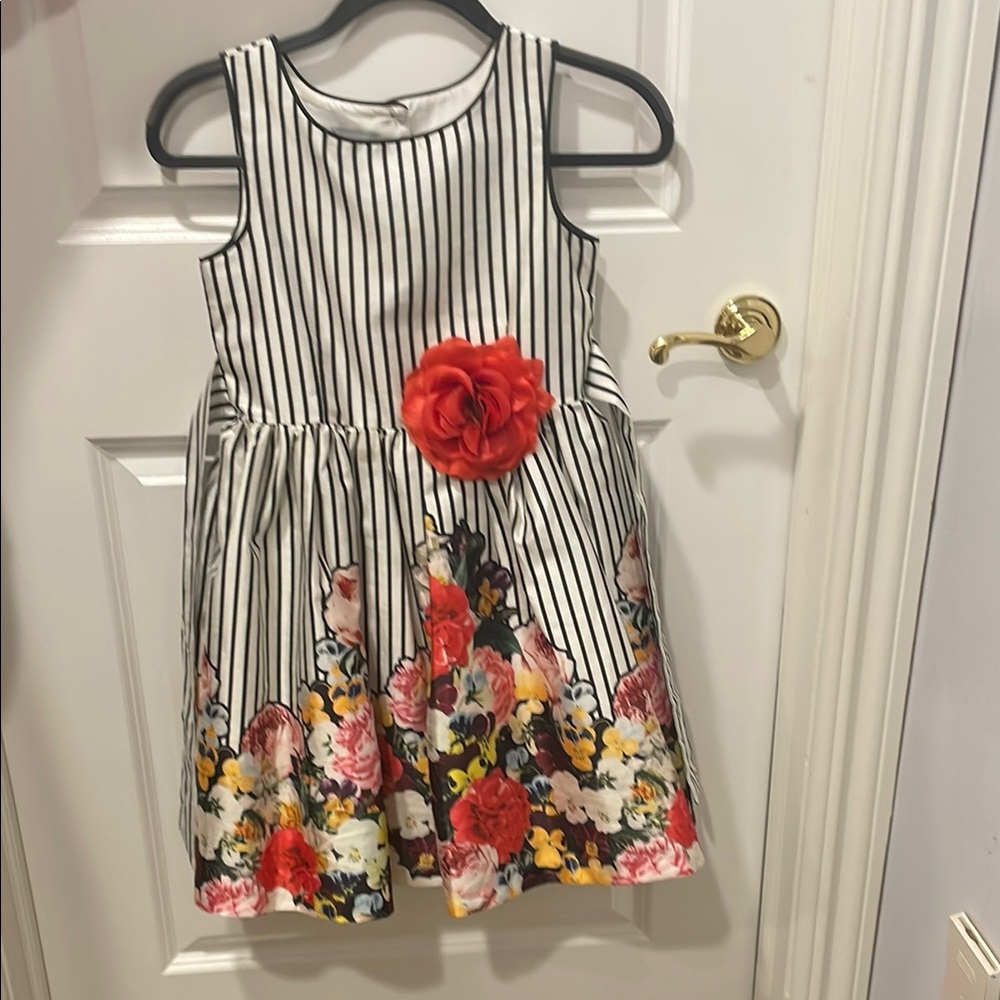Striped Floral Kids Dress with Red Accent